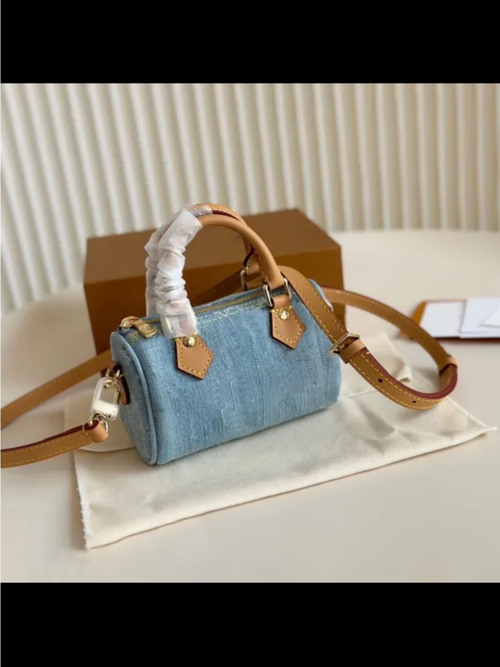 Light Blue Denim Barrel Crossbody Bag
